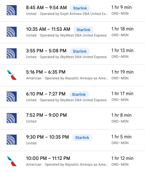 Chicago O'Hare to Madison results: five United and United Express flights carry a blue 'Starlink' badge next to the departure time; the American flights and one United flight have none.