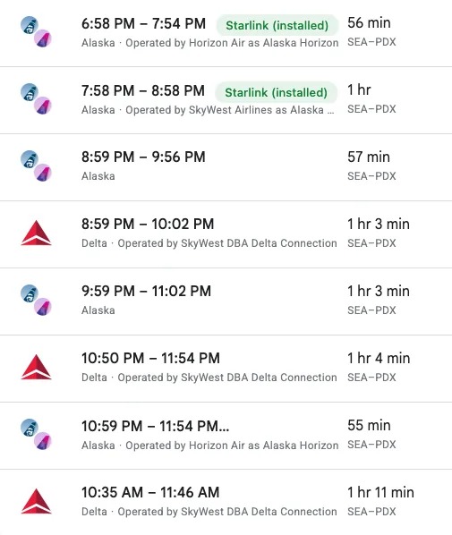 Seattle to Portland results: a Horizon-operated and a SkyWest-operated Alaska flight carry a green 'Starlink (installed)' badge; other Alaska and Delta flights have none.