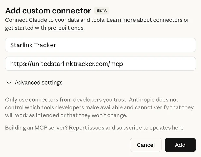 Claude Desktop 'Add custom connector' dialog with Starlink Tracker URL filled in