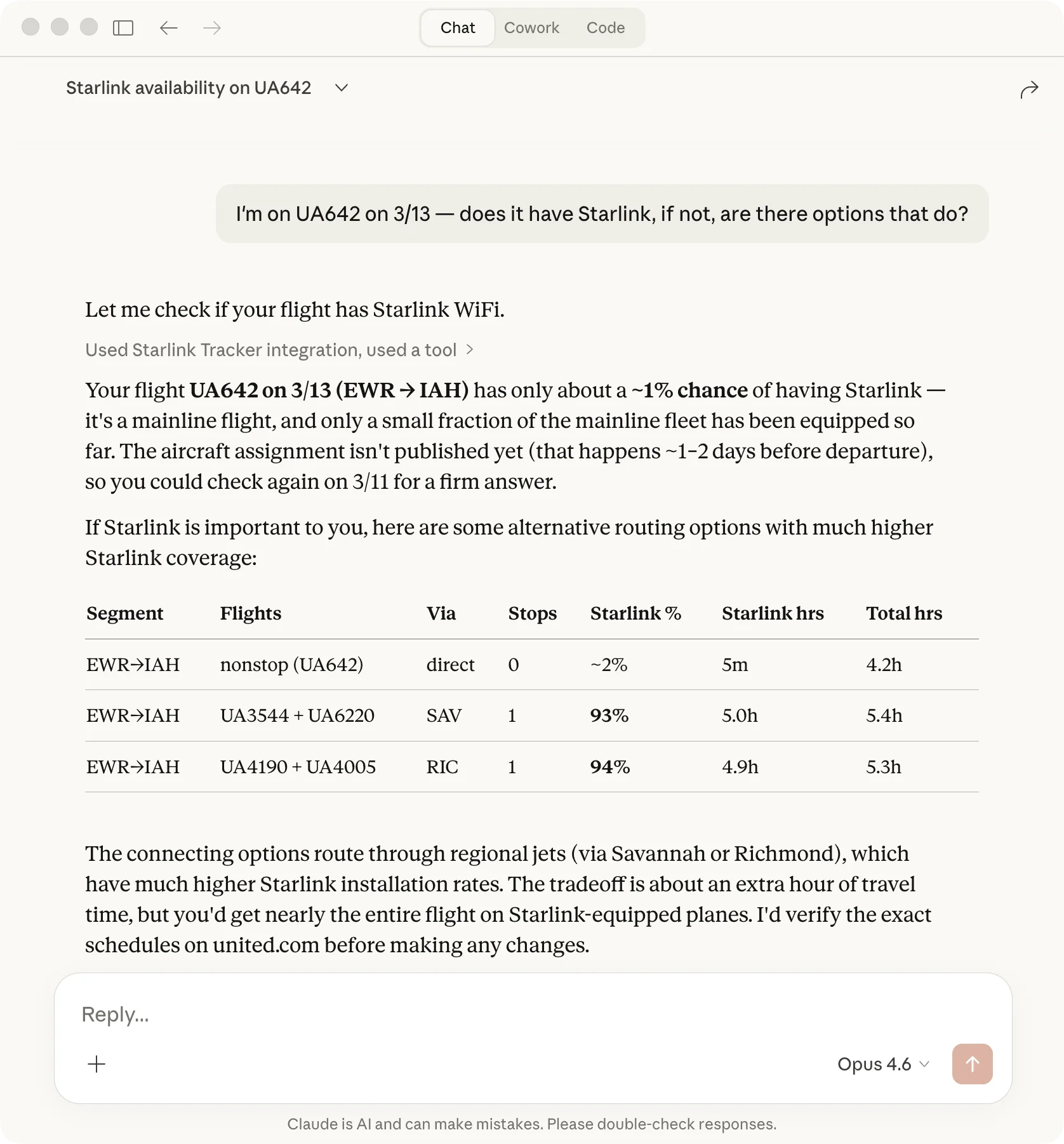 Claude Desktop window: user asks 'I'm on UA642 on 3/13 — does it have Starlink?' Response shows ~1% for the nonstop (4.2h), then a ranked table with two 1-stop alternatives at 93-94% Starlink via Savannah or Richmond (~5.3h total).